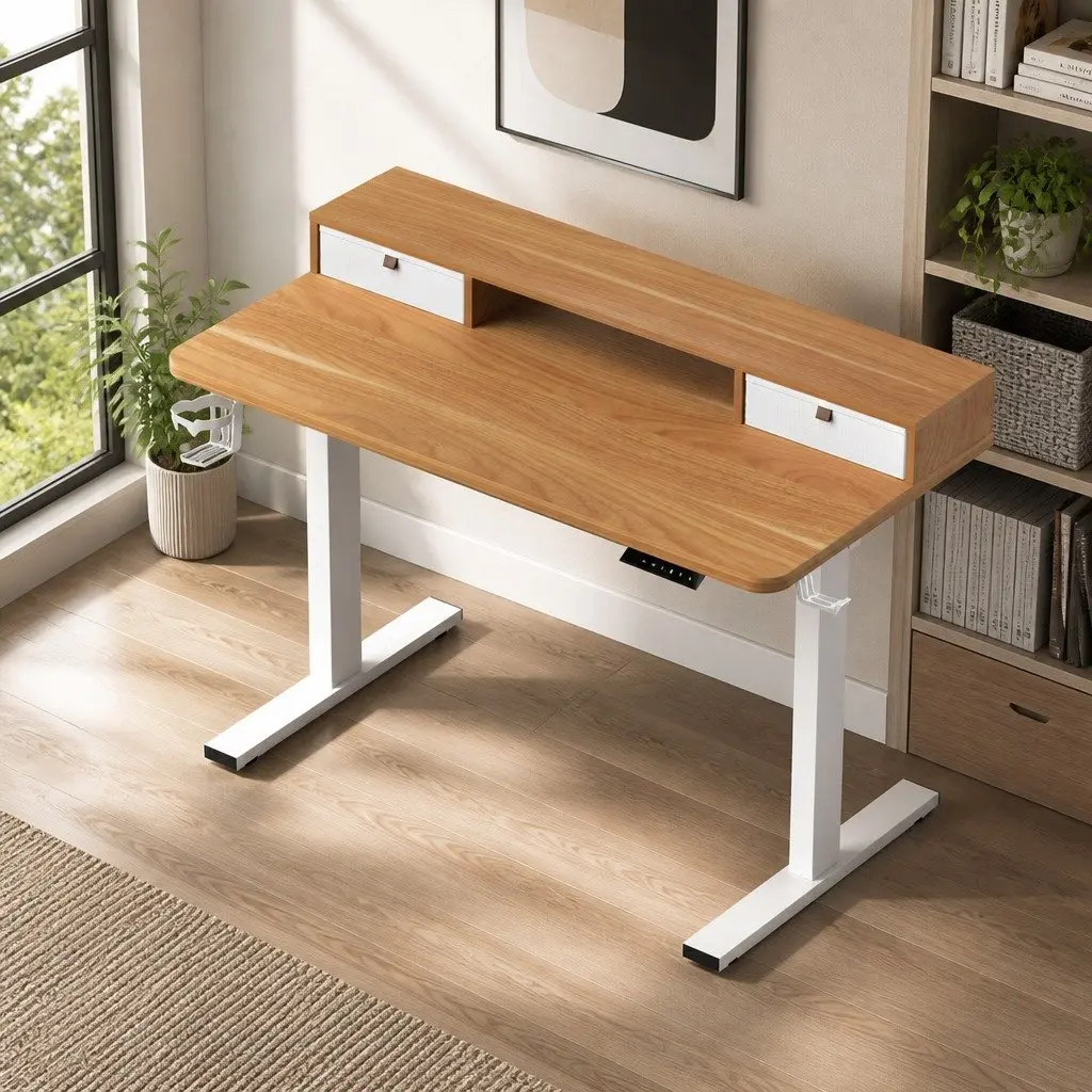 Electric Standing Desk Motorised Height Adjustable White Oak Melamine 120 x 60 cm