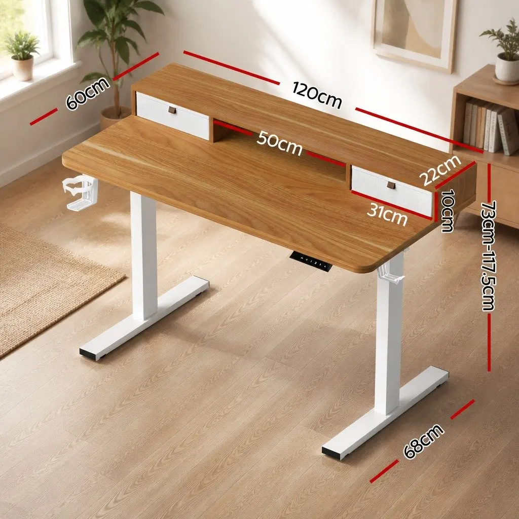 Electric Standing Desk Motorised Height Adjustable White Oak Melamine 120 x 60 cm