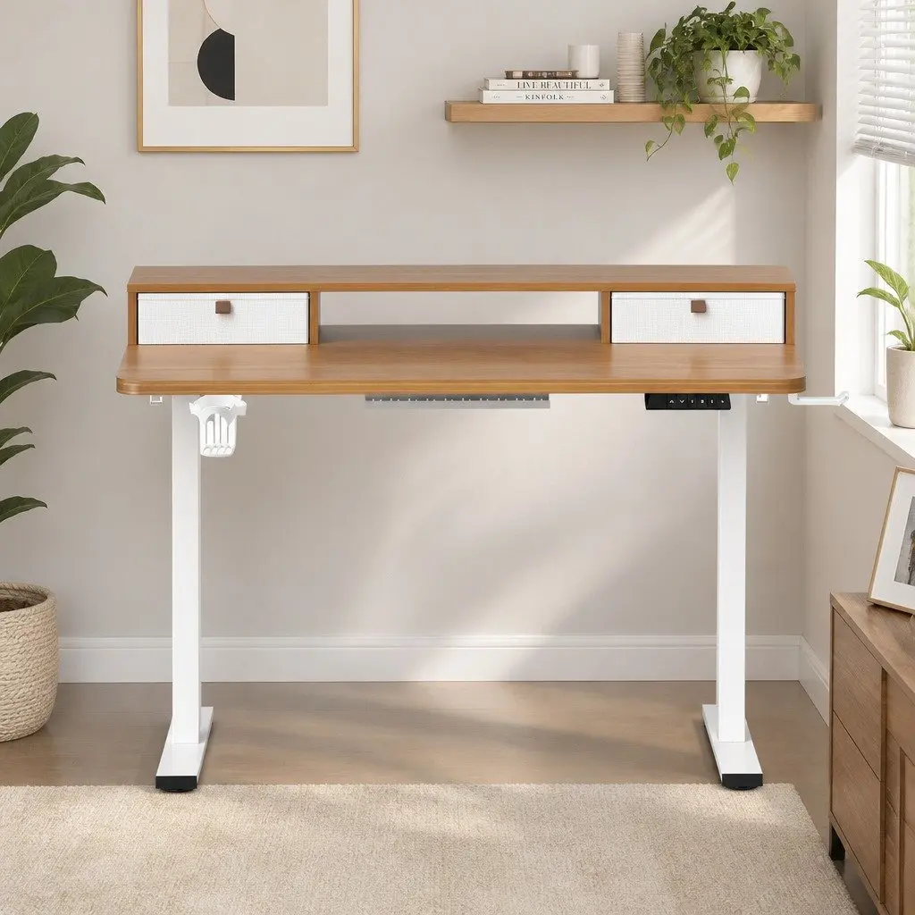 Electric Standing Desk Motorised Height Adjustable White Oak Melamine 120 x 60 cm