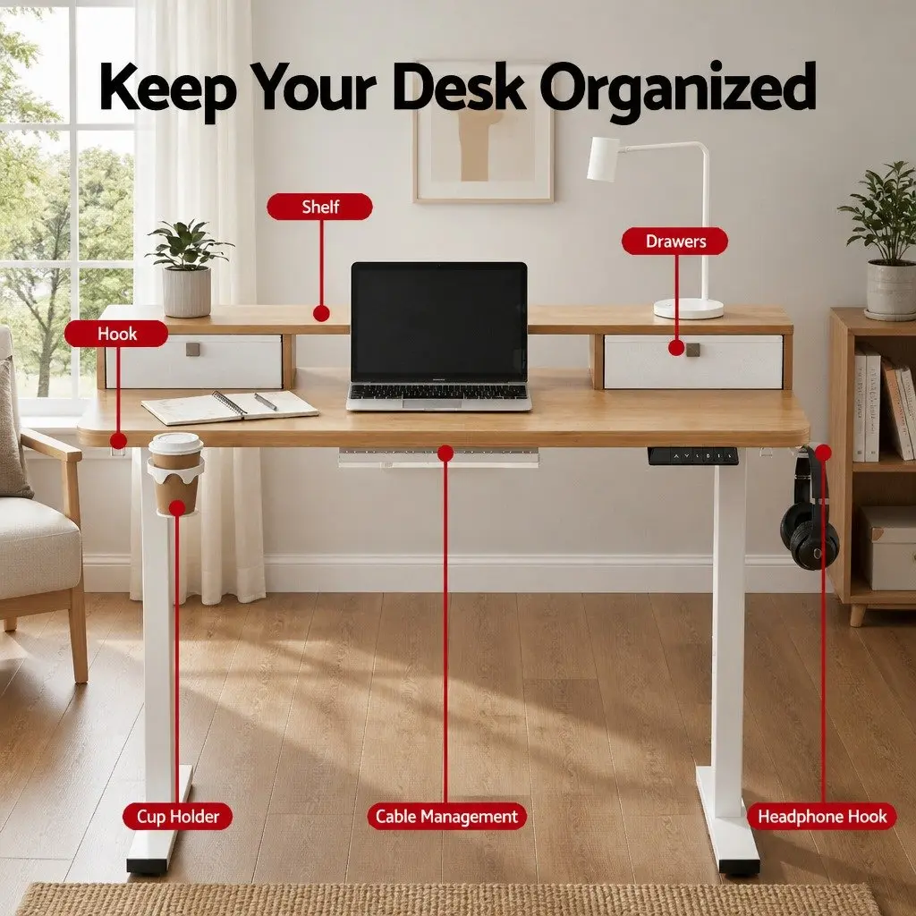 Electric Standing Desk Motorised Height Adjustable White Oak Melamine 120 x 60 cm