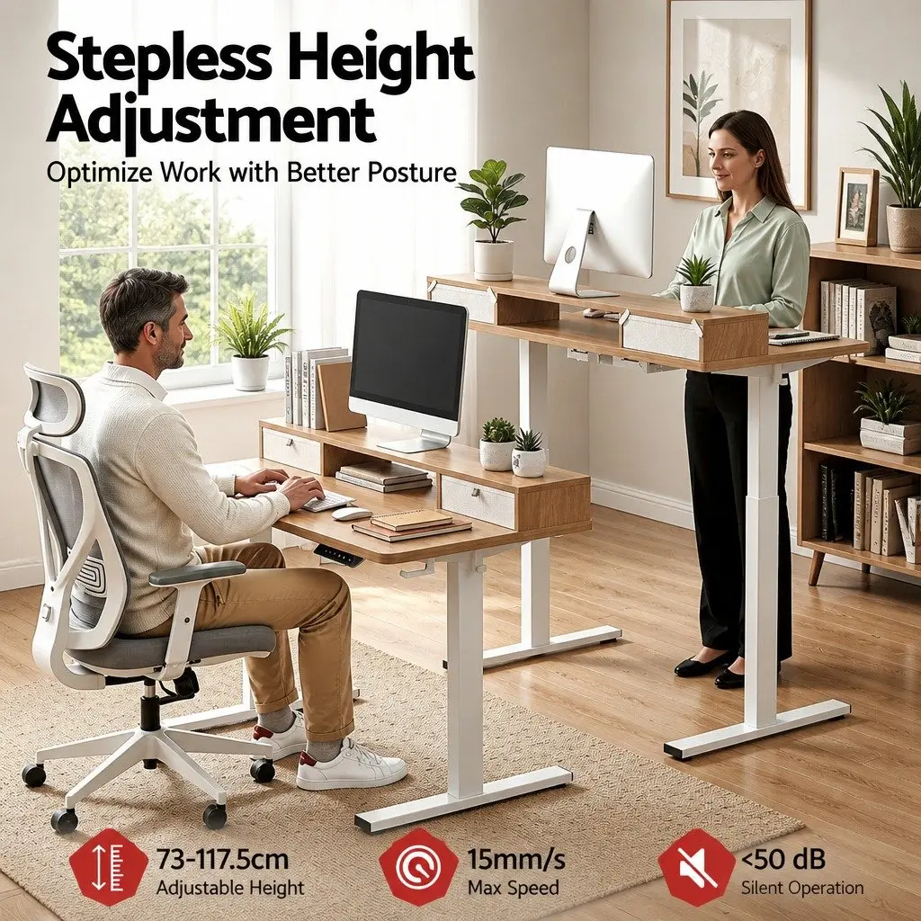 Electric Standing Desk Motorised Height Adjustable White Oak Melamine 120 x 60 cm
