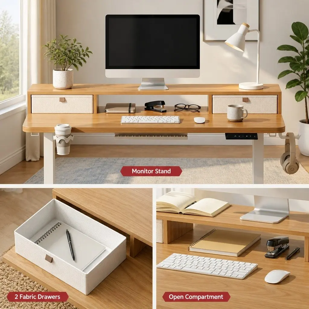 Electric Standing Desk Motorised Height Adjustable White Oak Melamine 120 x 60 cm