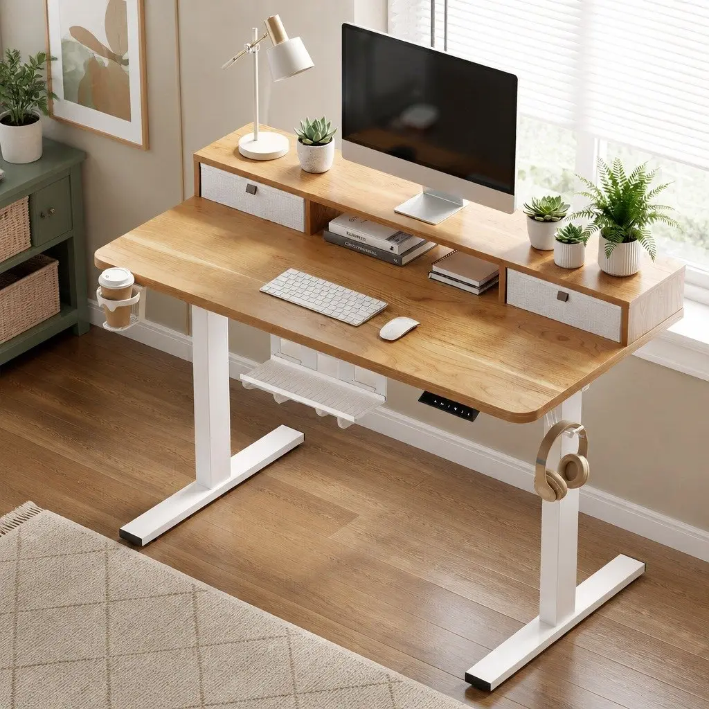Electric Standing Desk Motorised Height Adjustable White Oak Melamine 120 x 60 cm