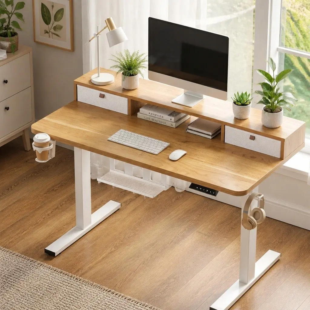 Electric Standing Desk Motorised Height Adjustable White Oak Melamine 120 x 60 cm