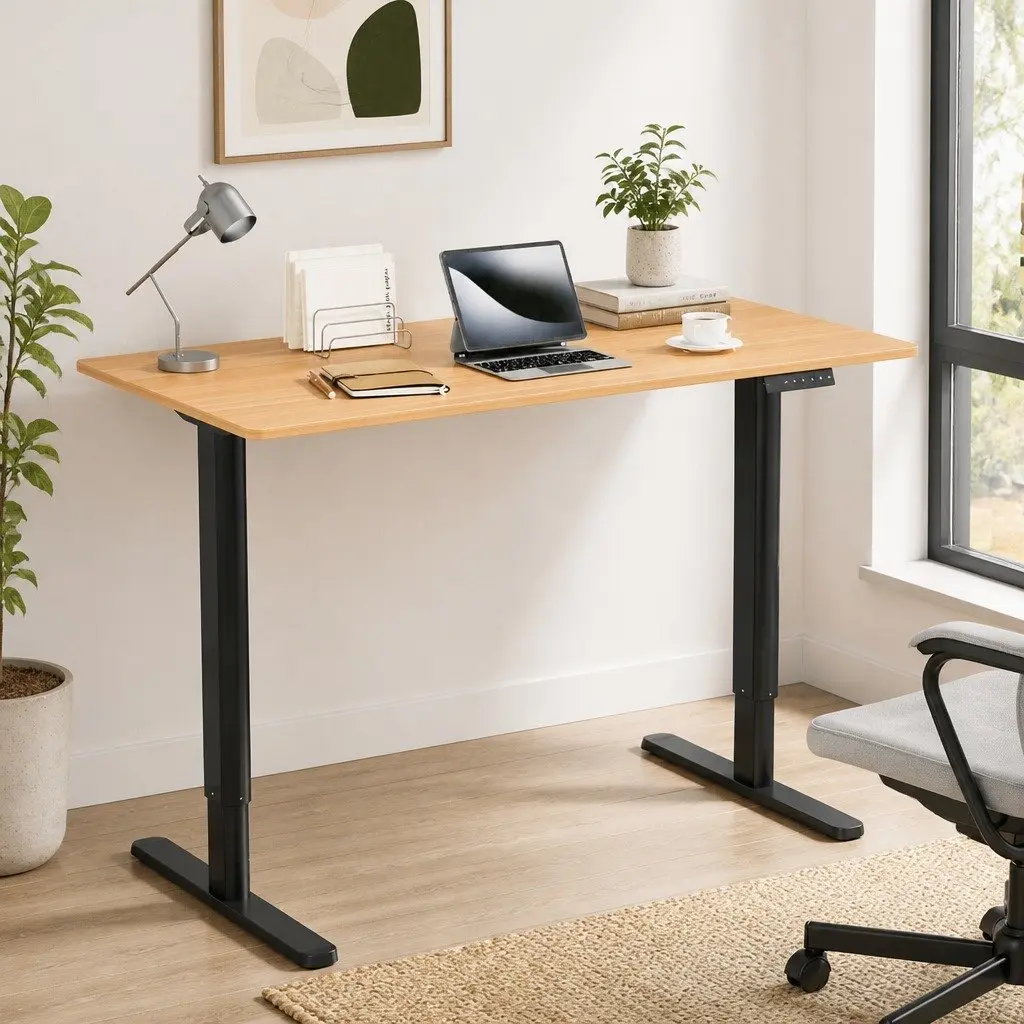 Electric Motorised Sit Stand Adjustable Desk 120cm Oak or Black Powder Coated Metal Frame