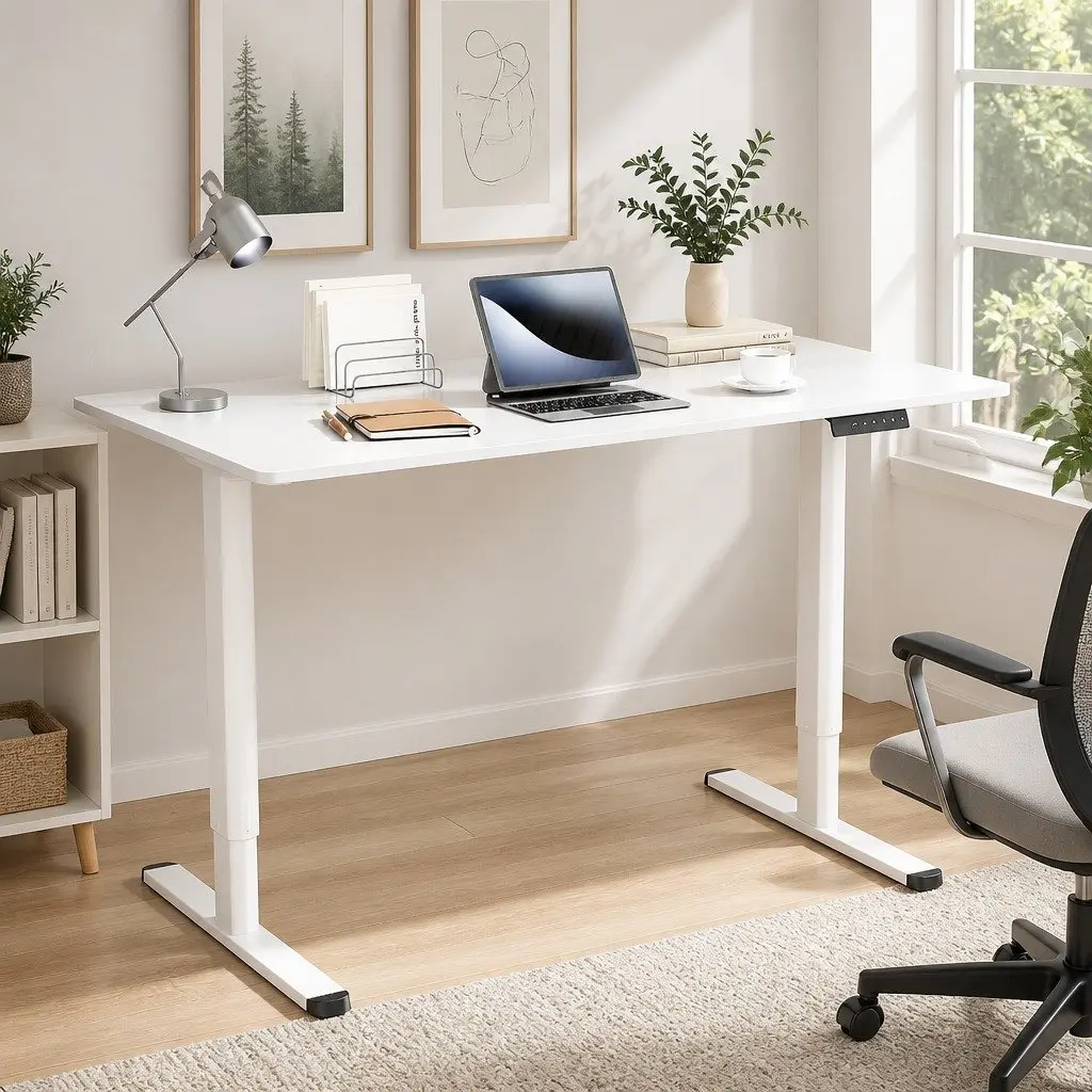 Electric Standing Desk Motorised Adjustable Height White Powder Coated Metal Frame 120cm x 60cm Particle Board