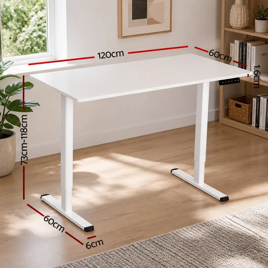 Electric Standing Desk Motorised Adjustable Height White Powder Coated Metal Frame 120cm x 60cm Particle Board