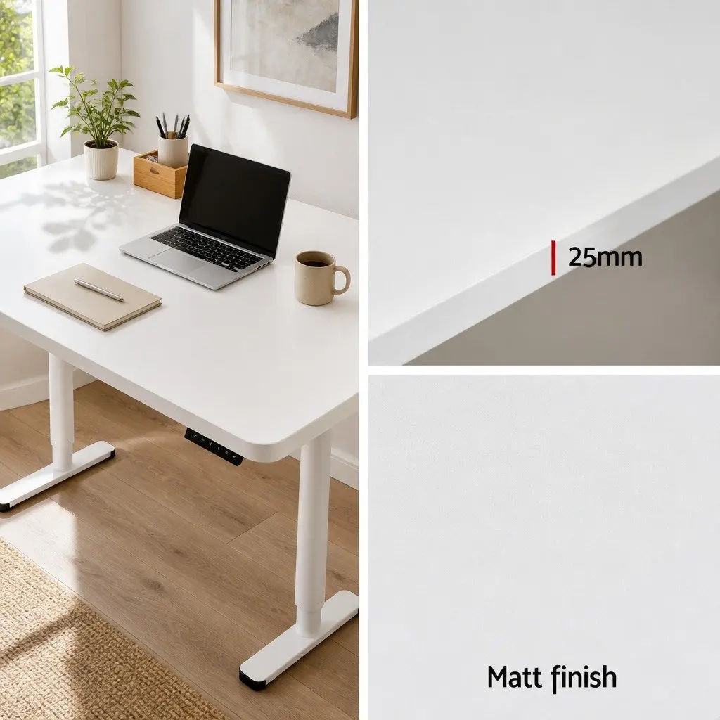 Electric Standing Desk Motorised Adjustable Height White Powder Coated Metal Frame 120cm x 60cm Particle Board