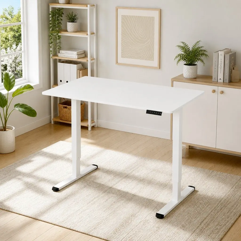 Electric Standing Desk Motorised Adjustable Height White Powder Coated Metal Frame 120cm x 60cm Particle Board