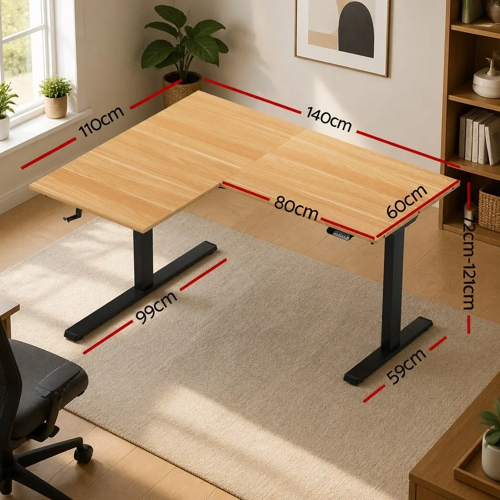 L-Shape Electric Standing Desk Height Adjustable Dual Motor Oak Particle Board 140 x 110 cm