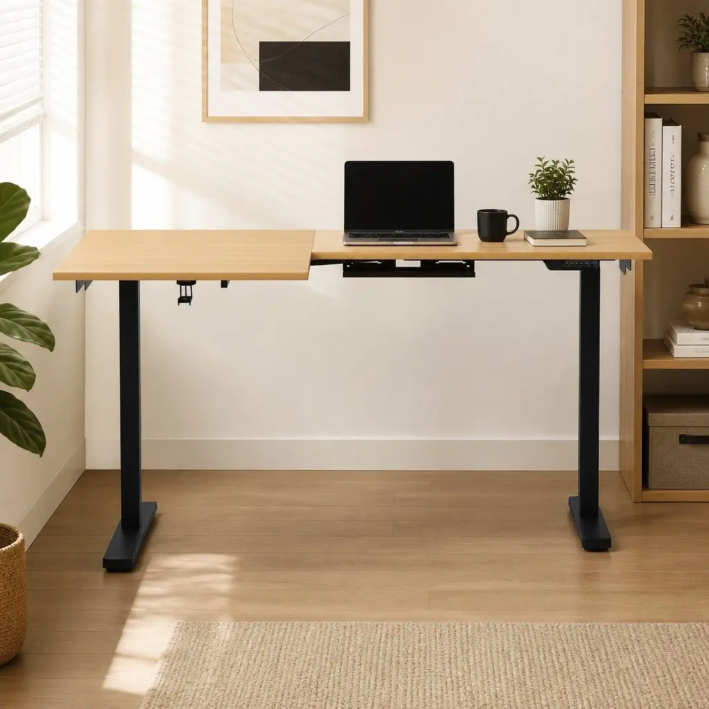 L-Shape Electric Standing Desk Height Adjustable Dual Motor Oak Particle Board 140 x 110 cm