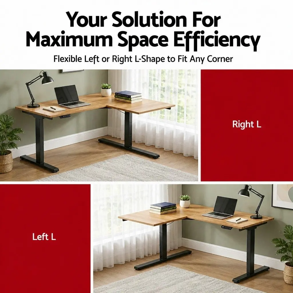L-Shape Electric Standing Desk Height Adjustable Dual Motor Oak Particle Board 140 x 110 cm