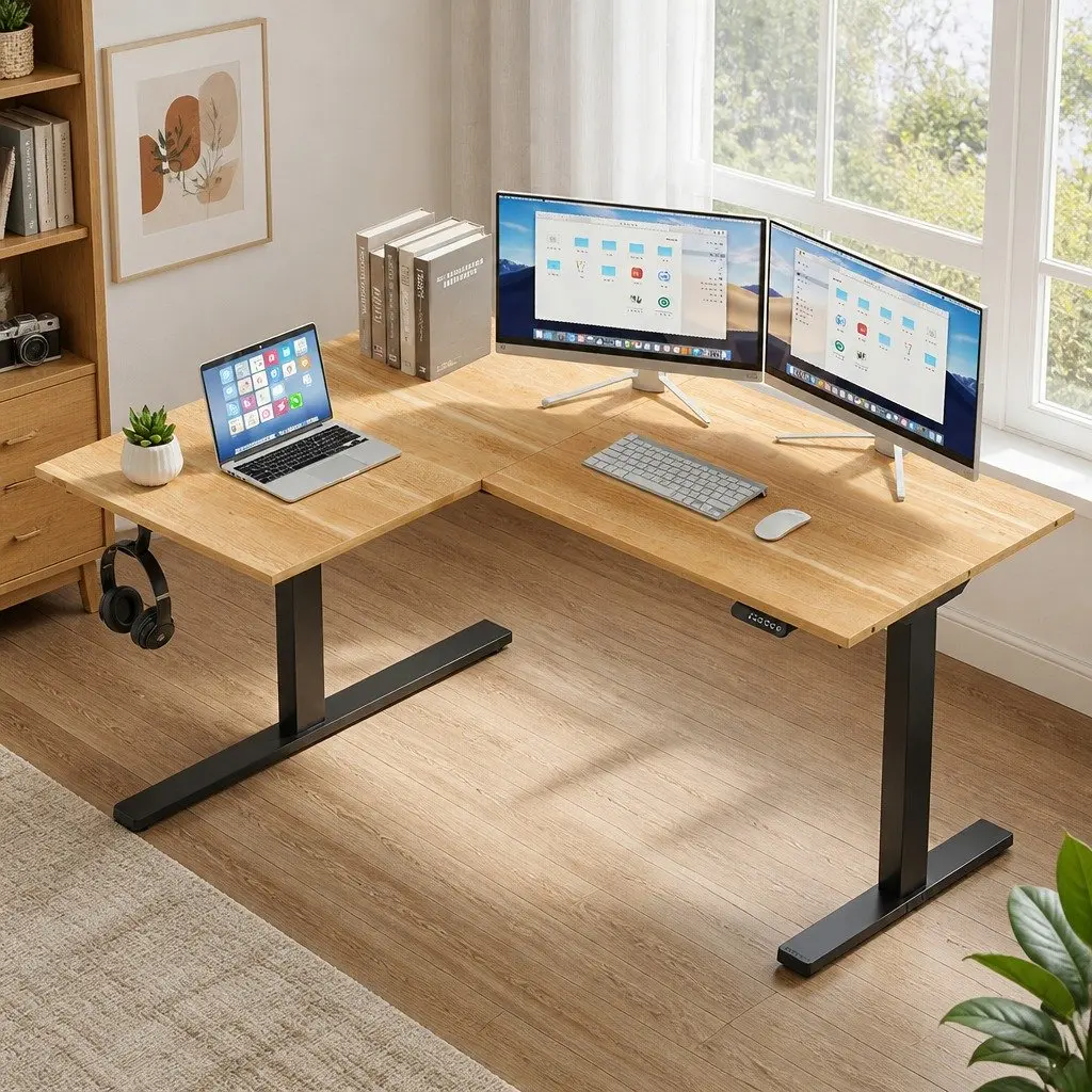 L-Shape Electric Standing Desk Height Adjustable Dual Motor Oak Particle Board 140 x 110 cm