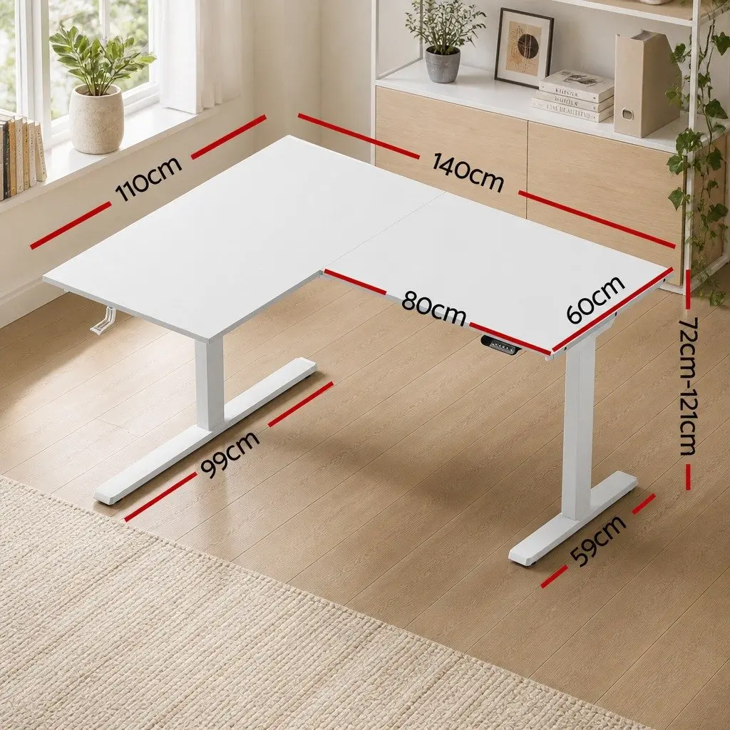 L-Shape Standing Desk Electric Height Adjustable Motorised Sit Stand White Oak 140 x 110 cm Particle Board