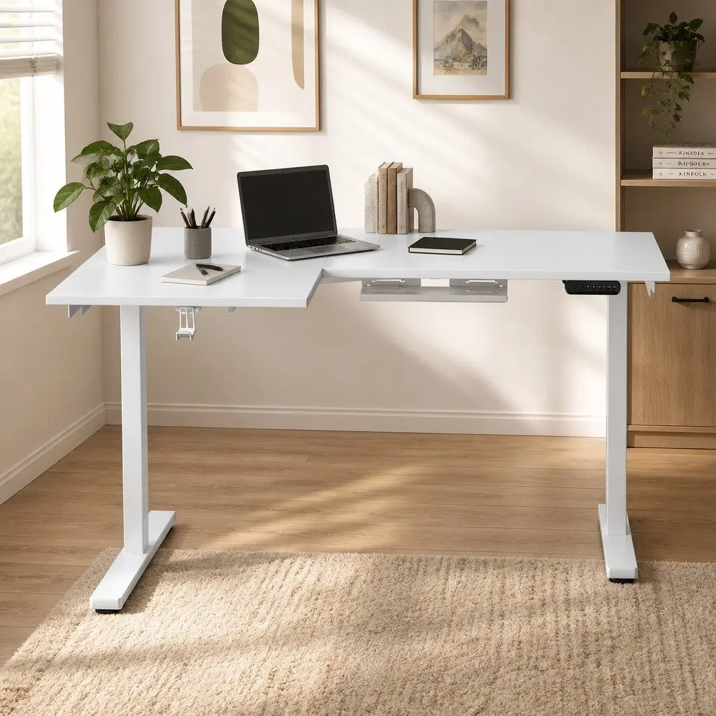 L-Shape Standing Desk Electric Height Adjustable Motorised Sit Stand White Oak 140 x 110 cm Particle Board