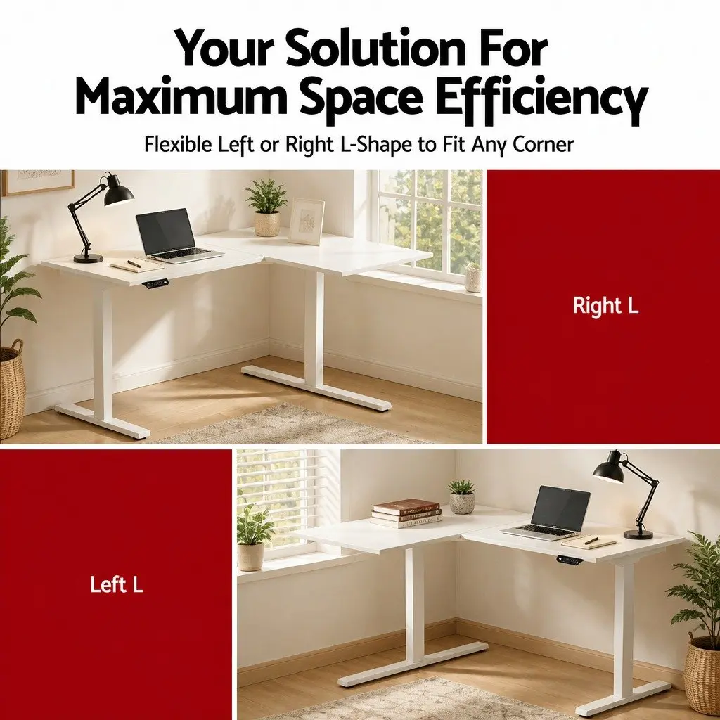 L-Shape Standing Desk Electric Height Adjustable Motorised Sit Stand White Oak 140 x 110 cm Particle Board