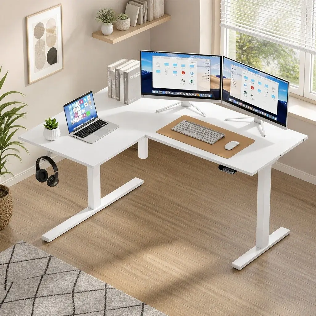 L-Shape Standing Desk Electric Height Adjustable Motorised Sit Stand White Oak 140 x 110 cm Particle Board