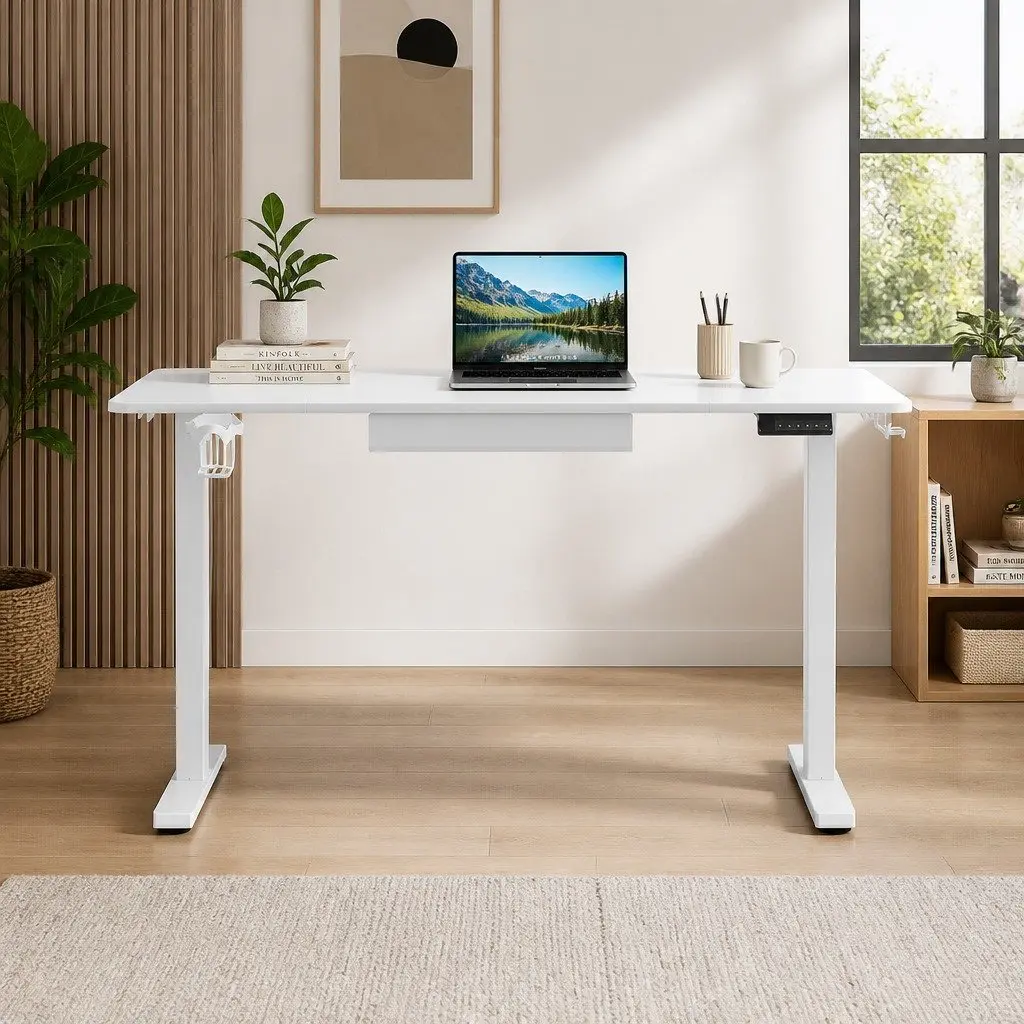 Electric Standing Desk Motorised Adjustable Height 140cm White Melamine Faced Chipboard