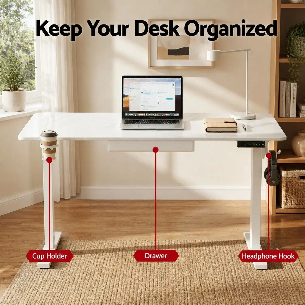 Electric Standing Desk Motorised Adjustable Height 140cm White Melamine Faced Chipboard