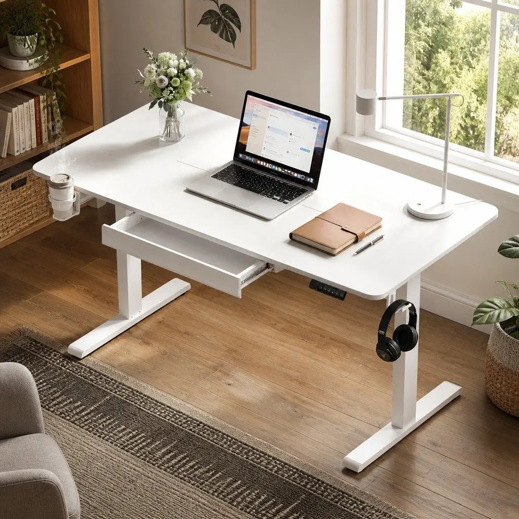 Electric Standing Desk Motorised Adjustable Height 140cm White Melamine Faced Chipboard