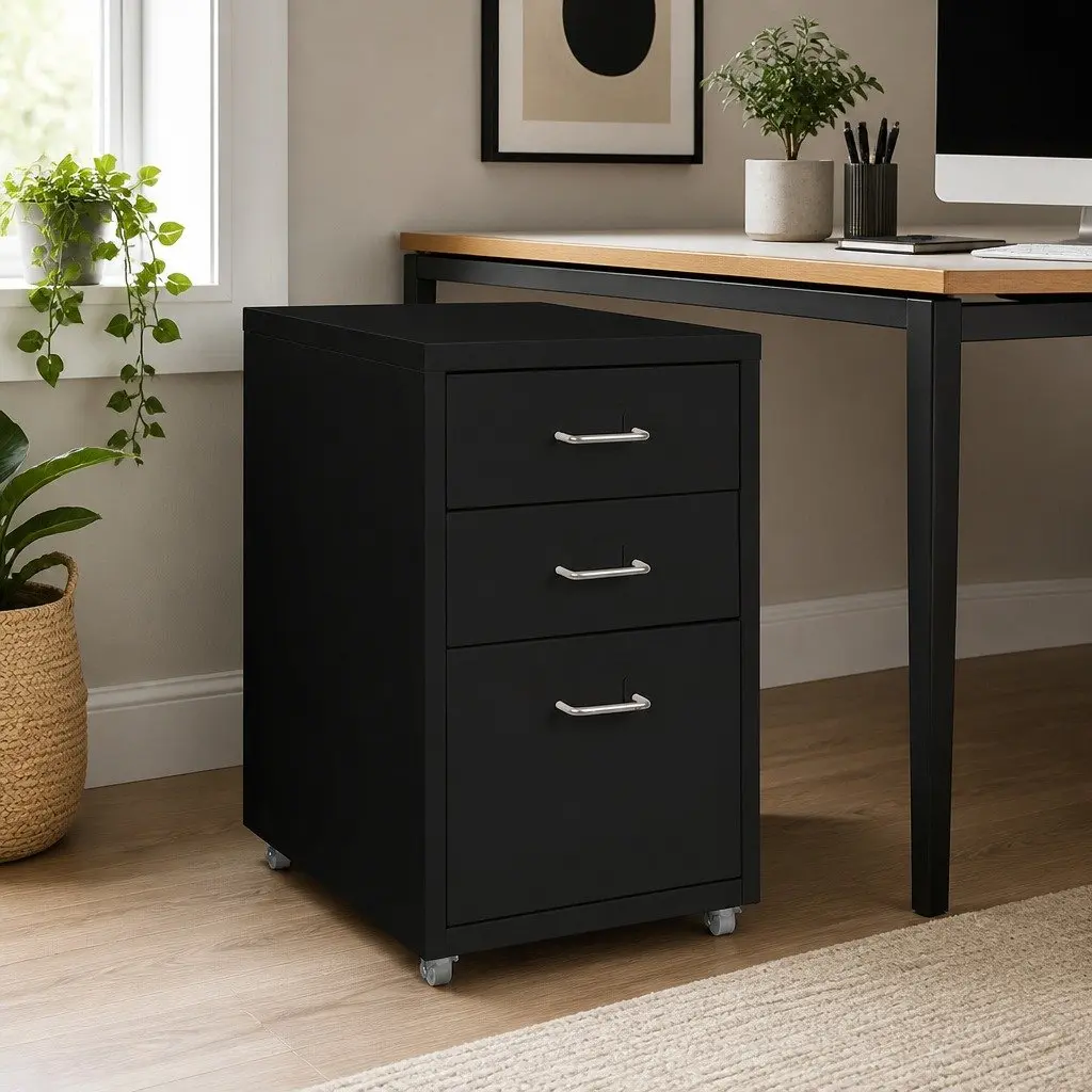 3 Drawer Filing Cabinet Steel Compact Office Storage Organizer Black