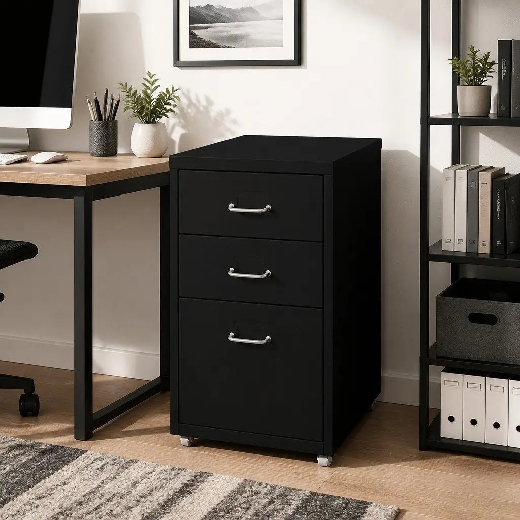 3 Drawer Filing Cabinet Steel Compact Office Storage Organizer Black