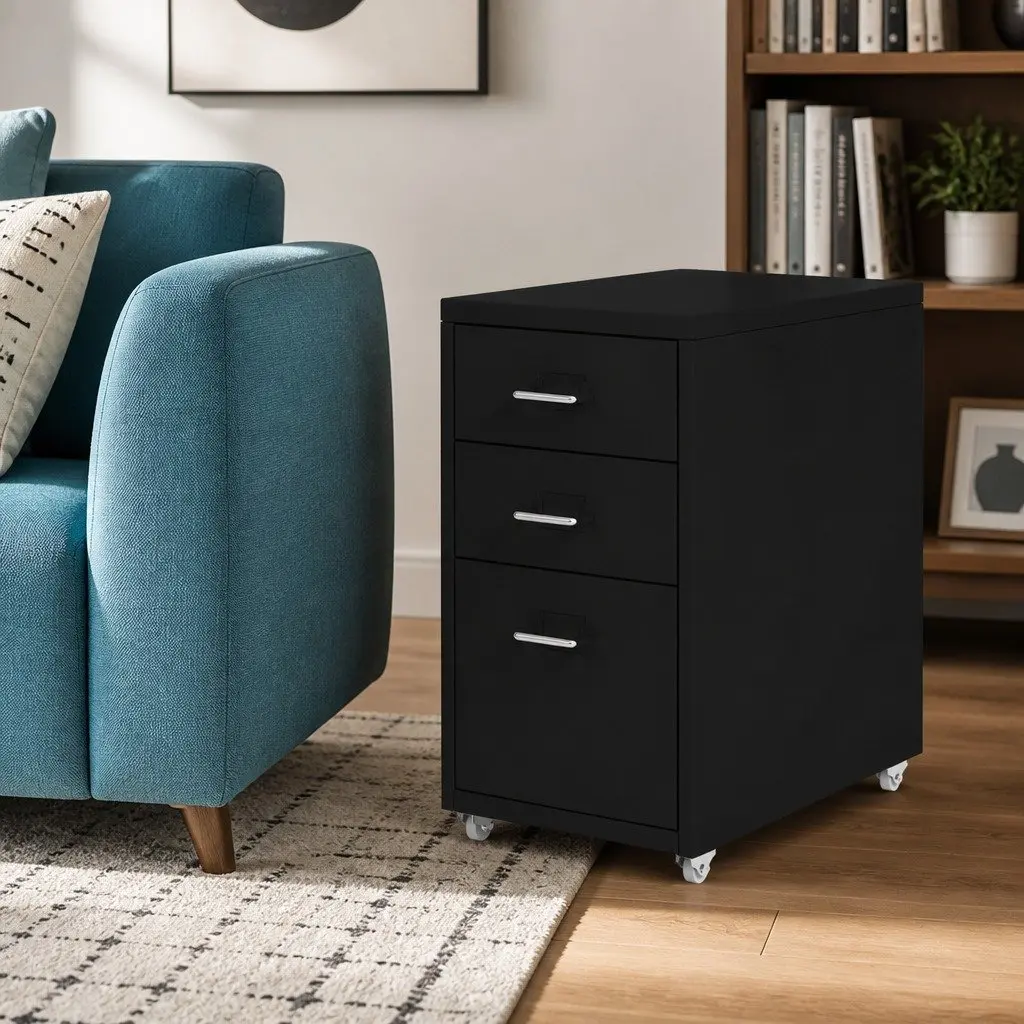 3 Drawer Filing Cabinet Steel Compact Office Storage Organizer Black