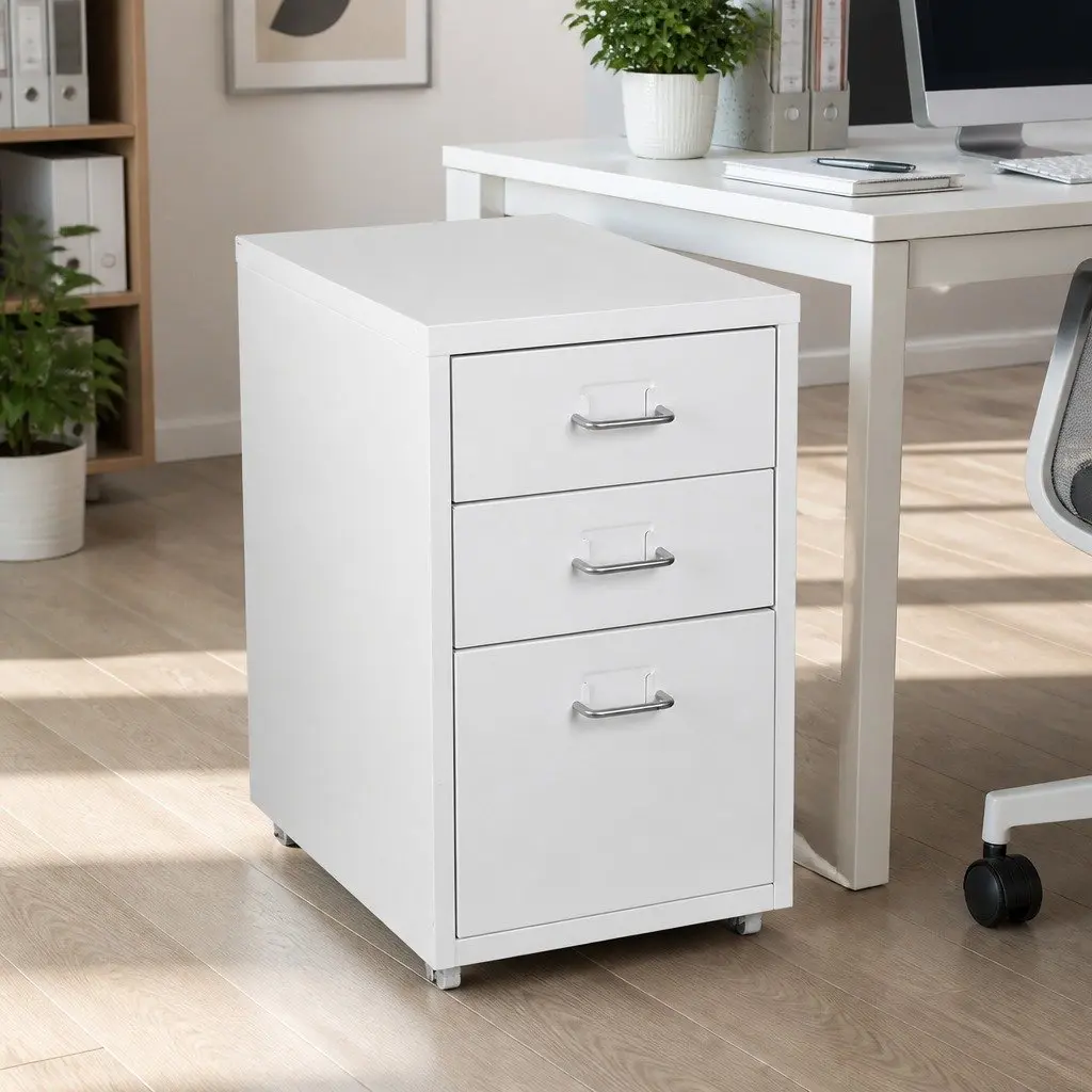 Filing Cabinet Steel Frame 3 Drawer Compact Office Storage Organizer White