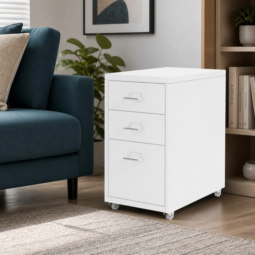Filing Cabinet Steel Frame 3 Drawer Compact Office Storage Organizer White