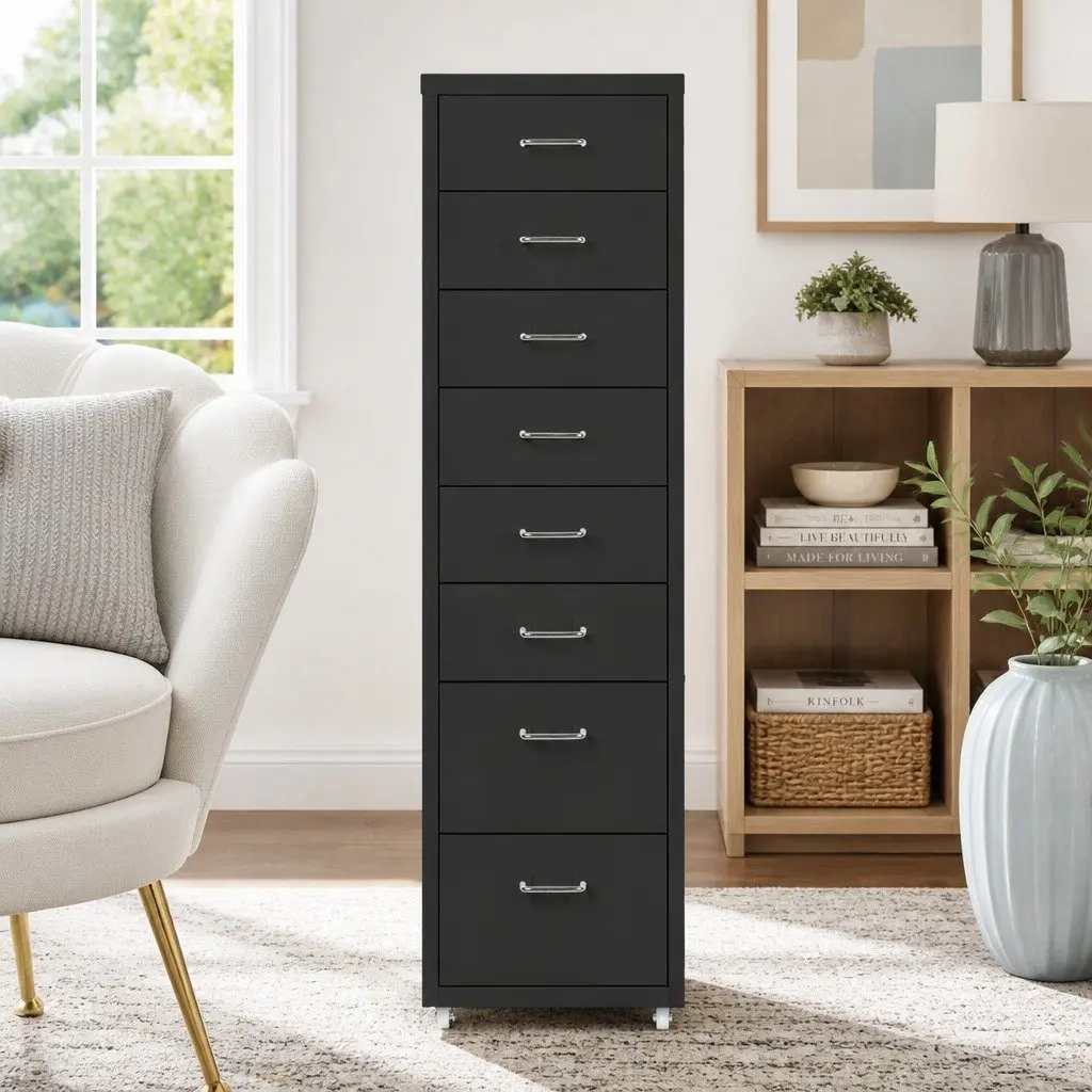 Steel Black 8 Drawer Filing Cabinet for Office Storage and Organization
