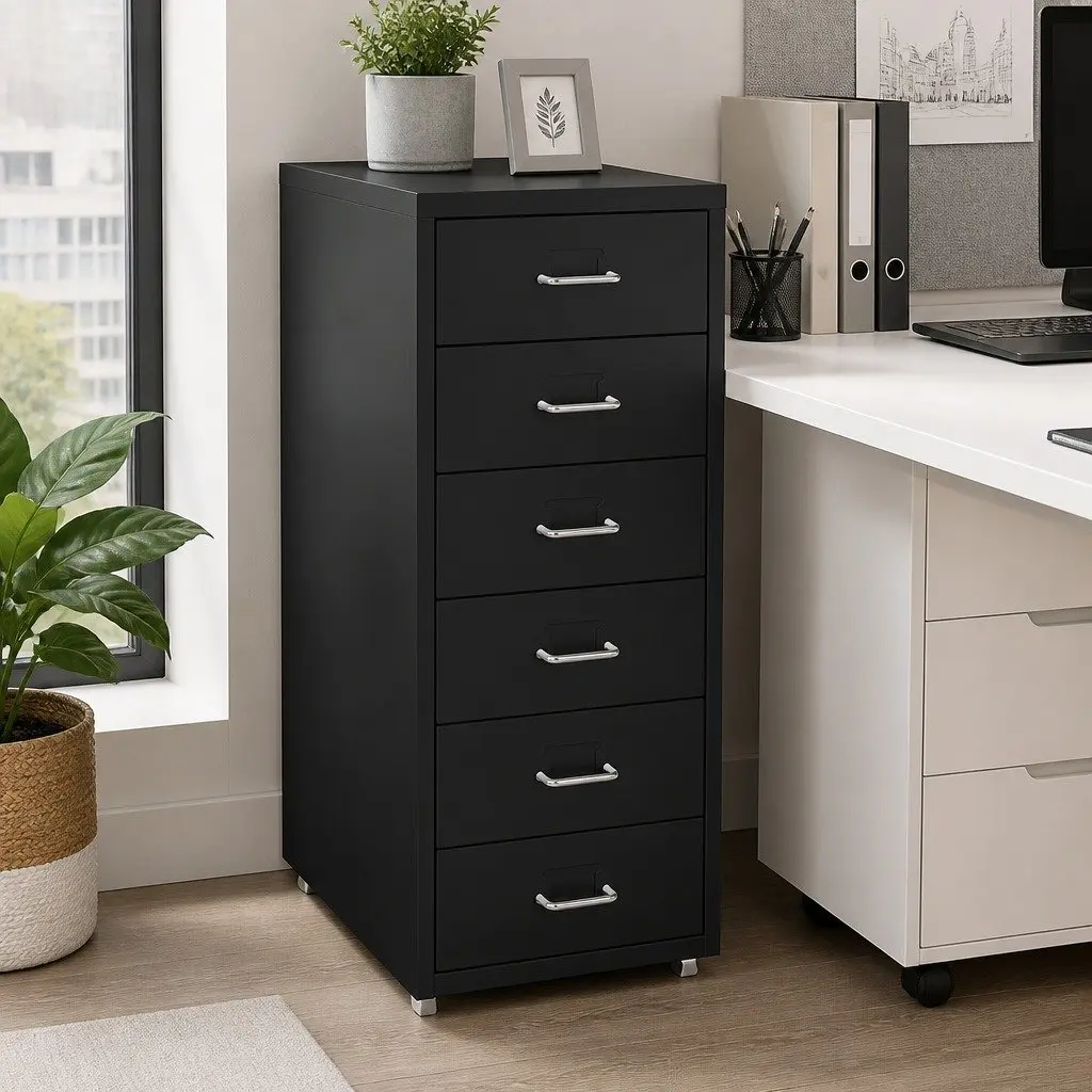 6 Drawer Filing Cabinet Black Steel Office Storage Organizer