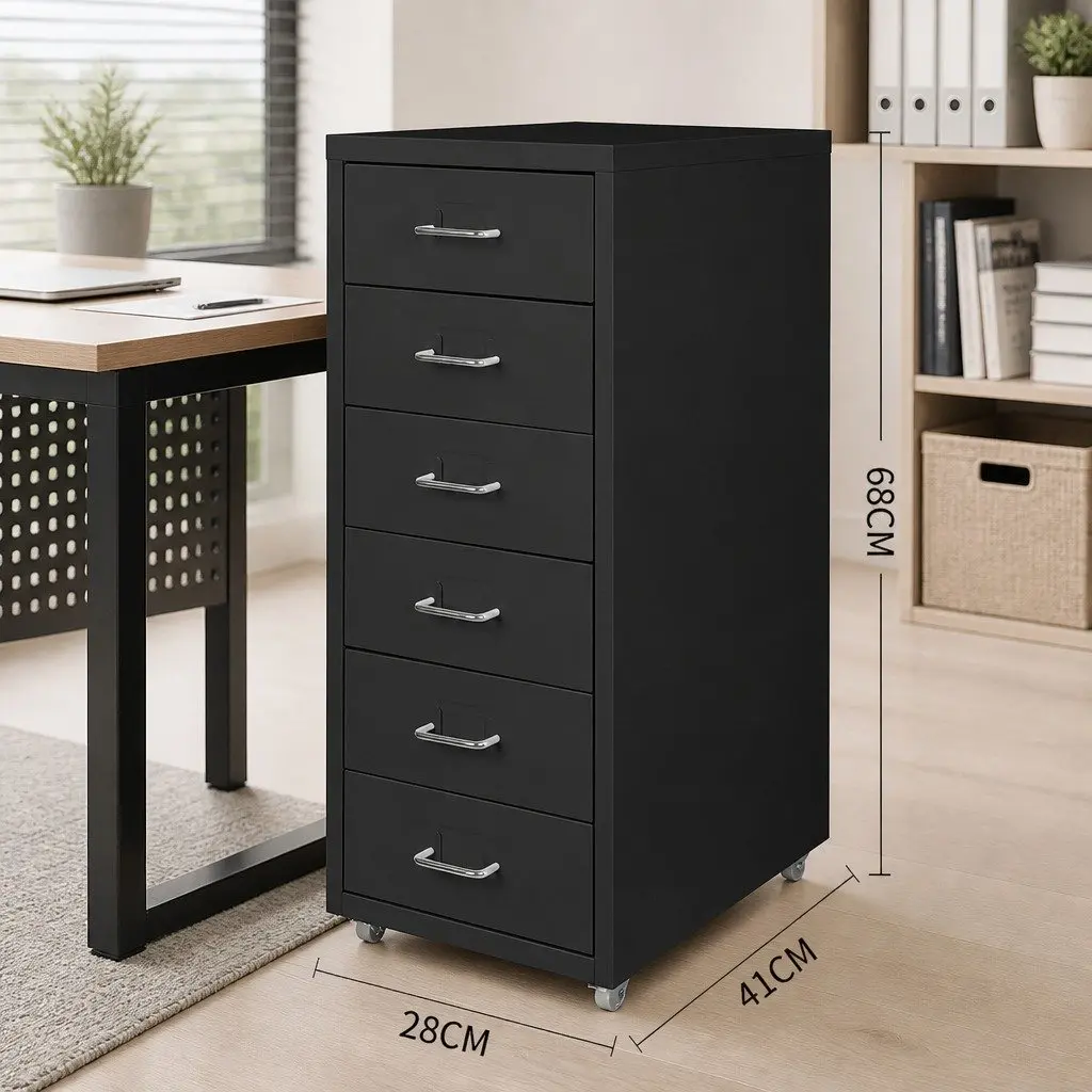 6 Drawer Filing Cabinet Black Steel Office Storage Organizer