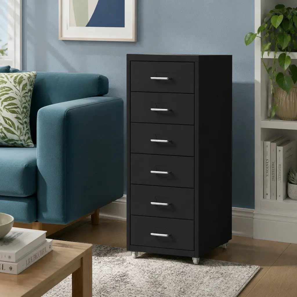 6 Drawer Filing Cabinet Black Steel Office Storage Organizer