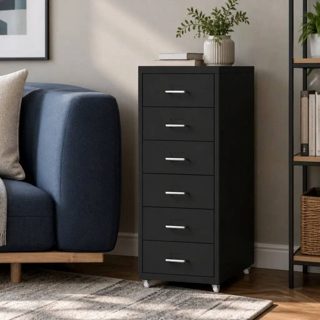 6 Drawer Filing Cabinet Black Steel Office Storage Organizer