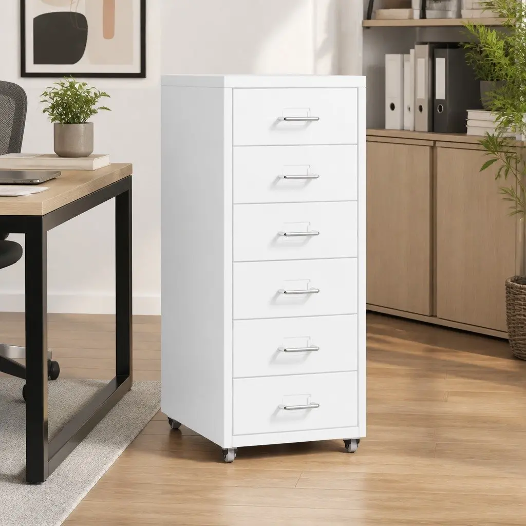 6 Drawer Filing Cabinet White Steel Frame Office Storage Organizer