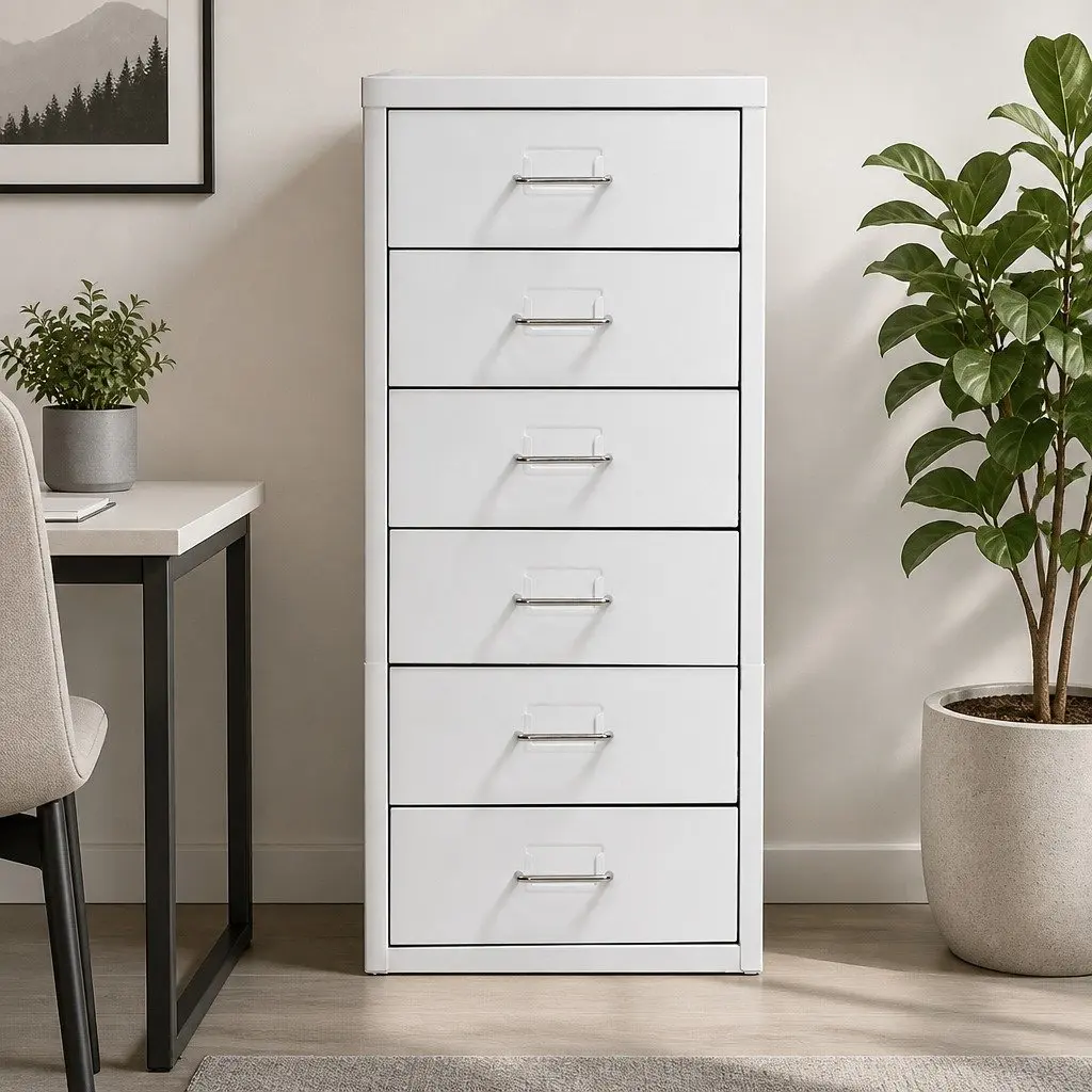 6 Drawer Filing Cabinet White Steel Frame Office Storage Organizer