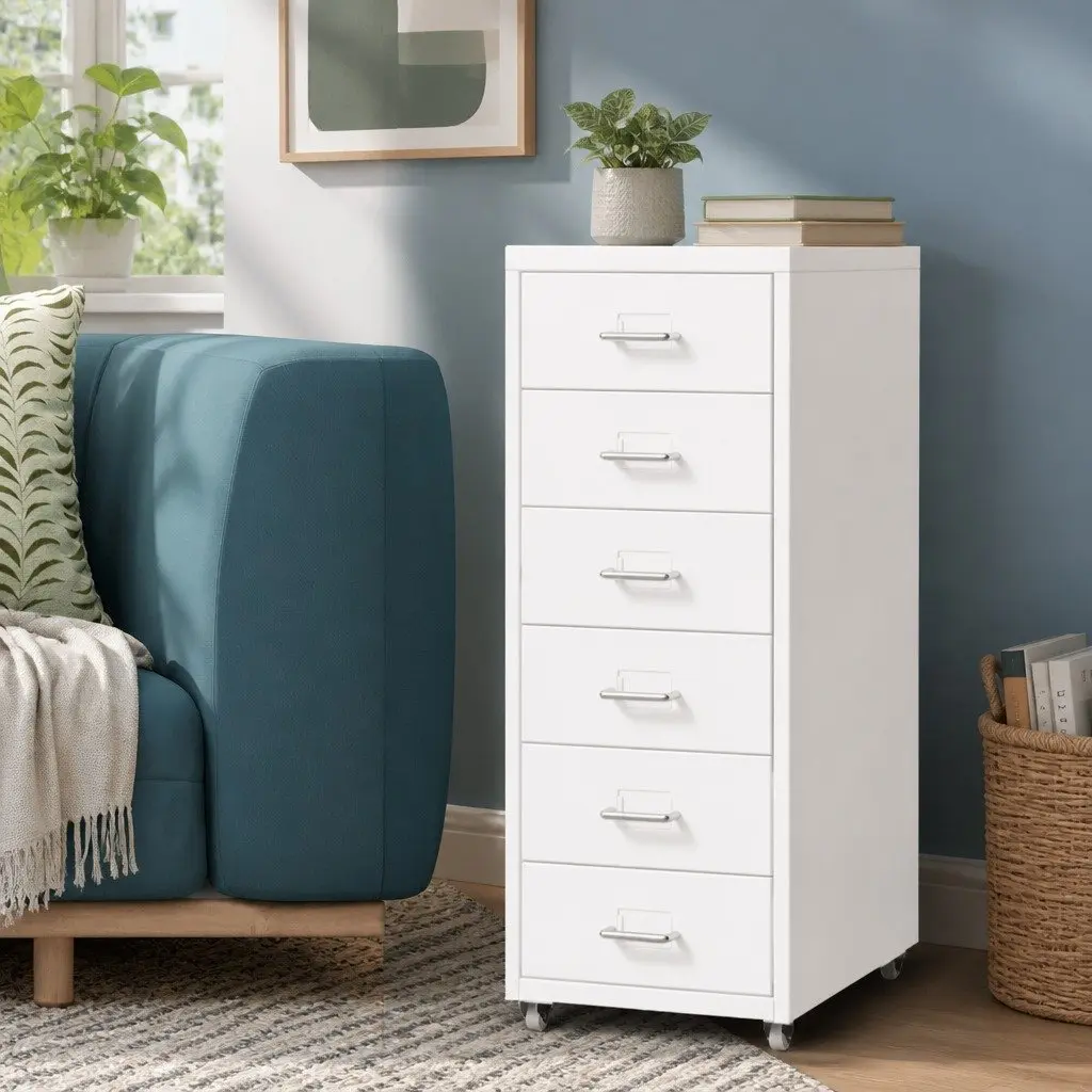 6 Drawer Filing Cabinet White Steel Frame Office Storage Organizer