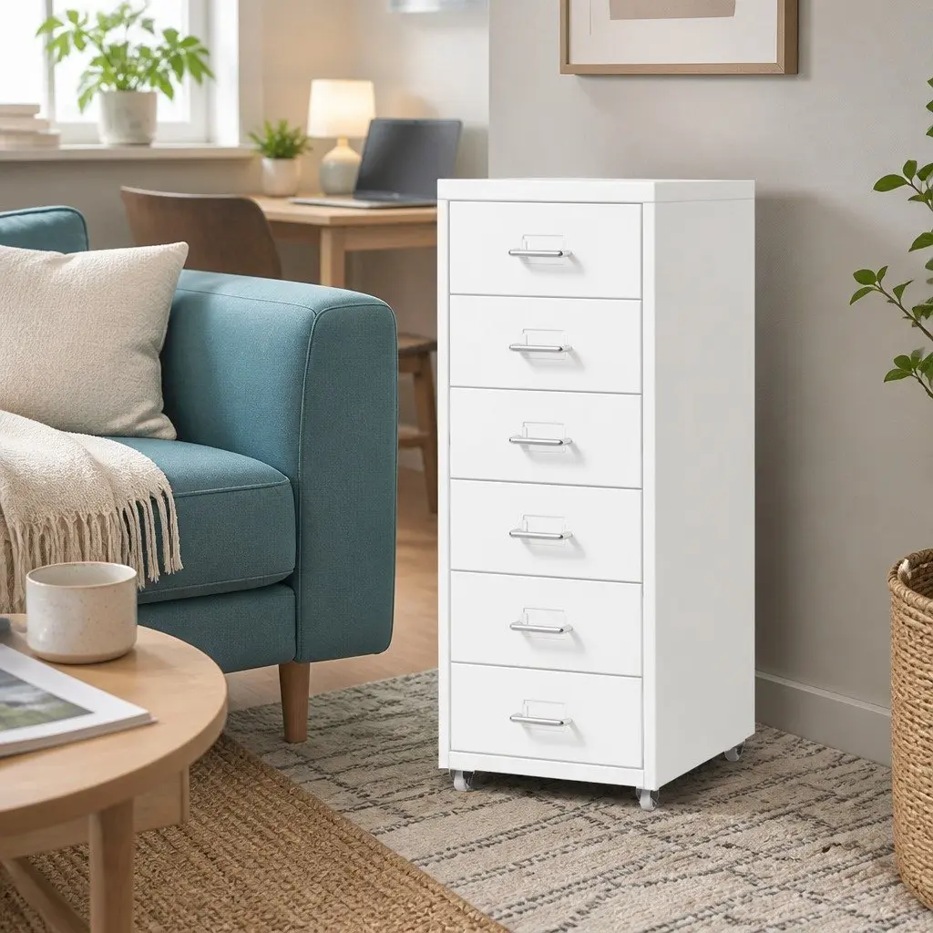 6 Drawer Filing Cabinet White Steel Frame Office Storage Organizer