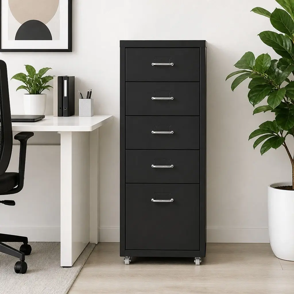 5 Drawer Filing Cabinet Compact Steel Black Office Storage Organizer