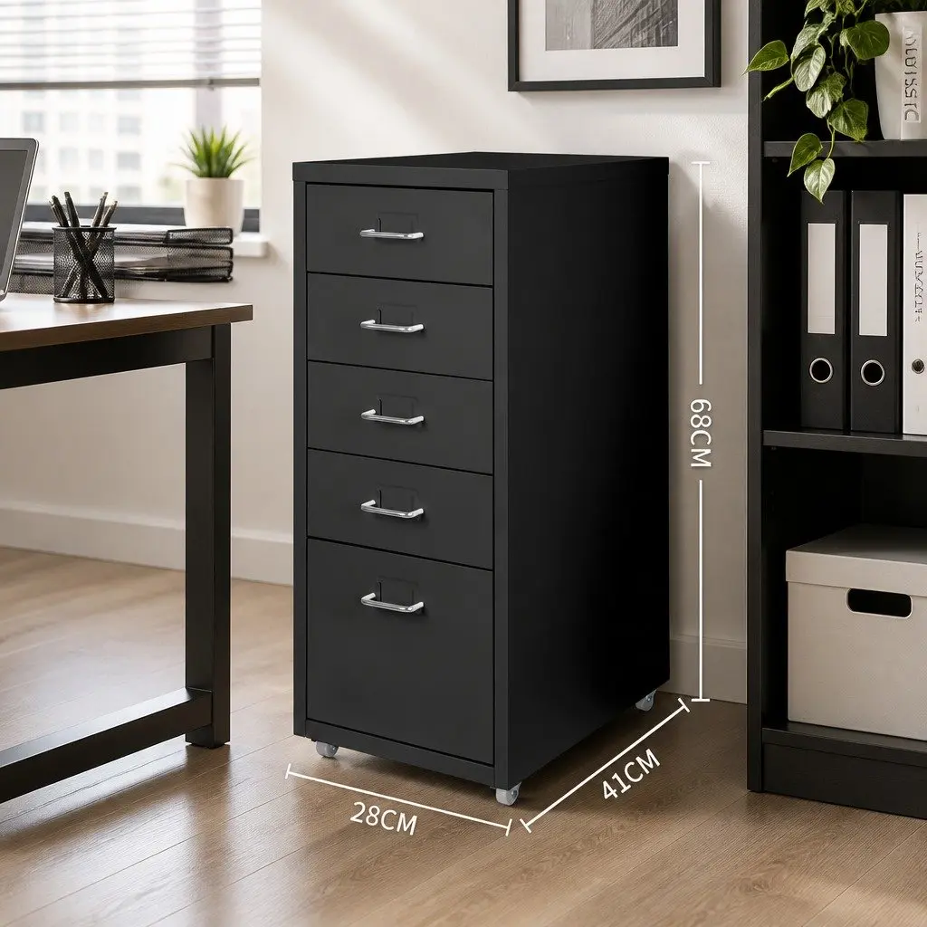 5 Drawer Filing Cabinet Compact Steel Black Office Storage Organizer