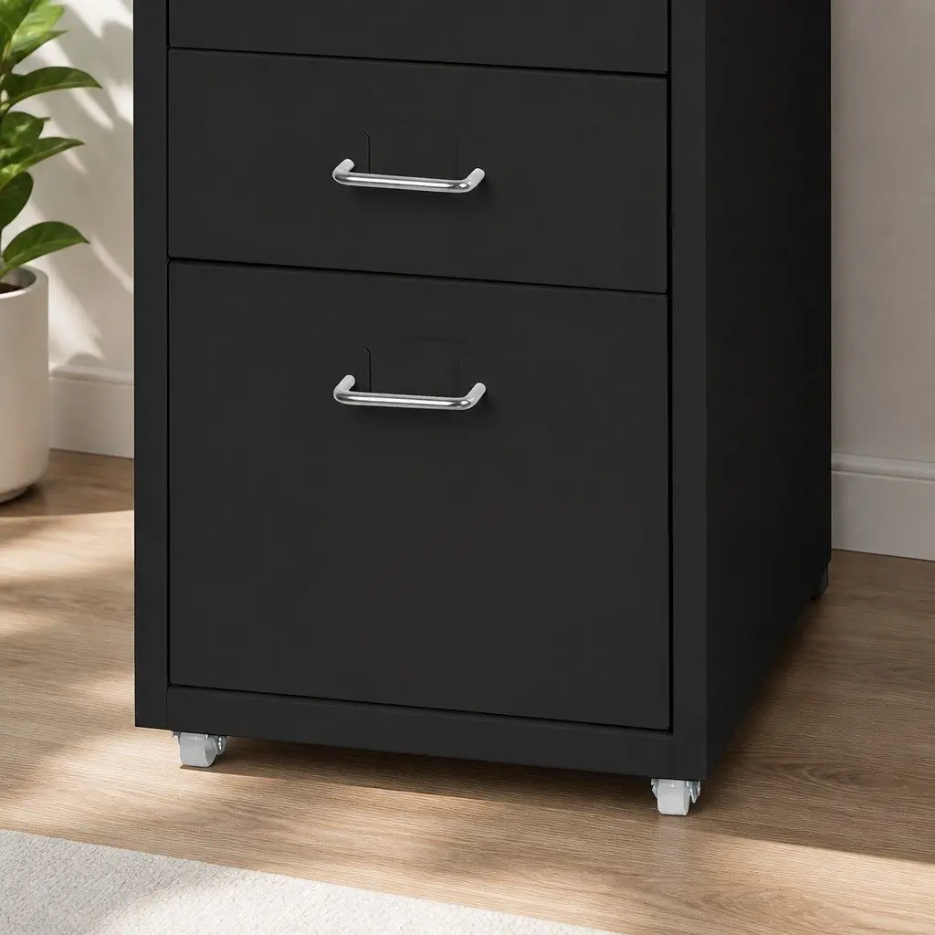 5 Drawer Filing Cabinet Compact Steel Black Office Storage Organizer
