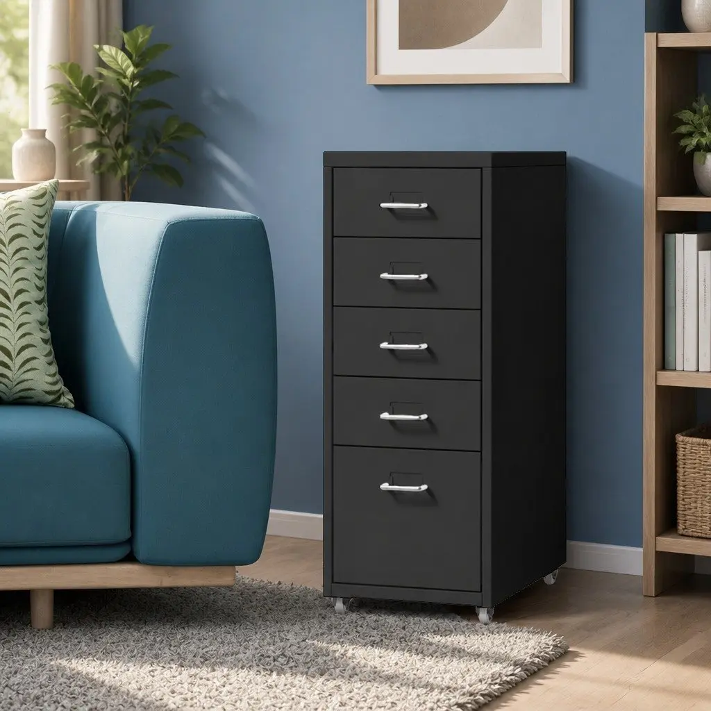 5 Drawer Filing Cabinet Compact Steel Black Office Storage Organizer
