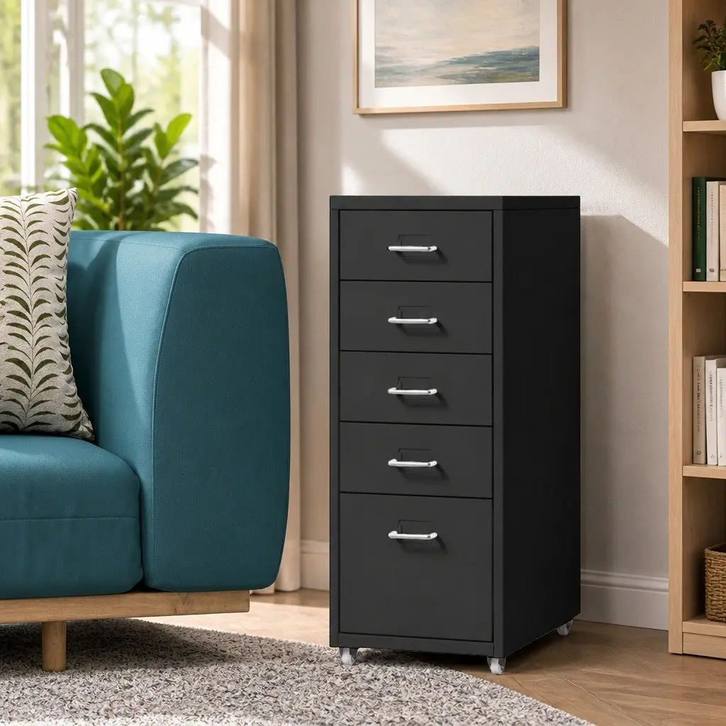 5 Drawer Filing Cabinet Compact Steel Black Office Storage Organizer