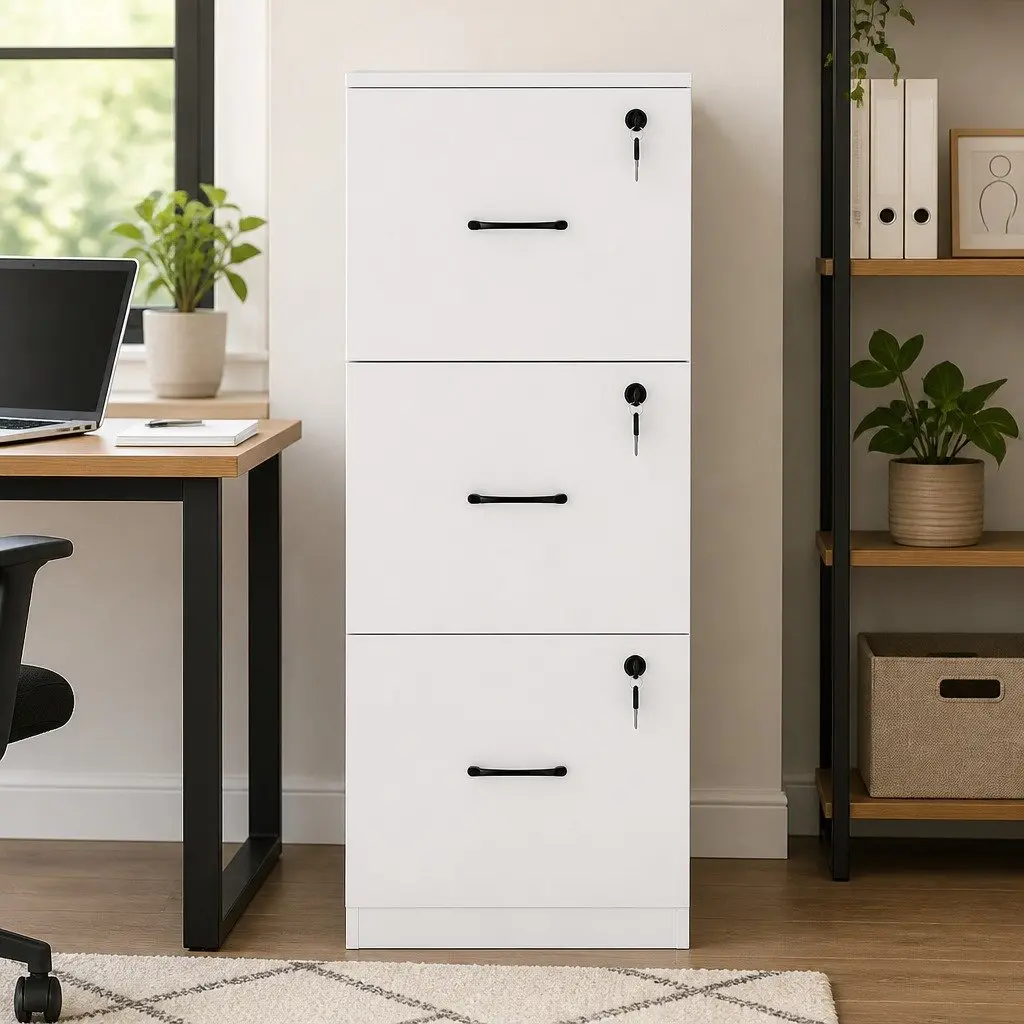 File Cabinet Modern White 3 Drawer Lockable MDF Metal Office Home Organizer