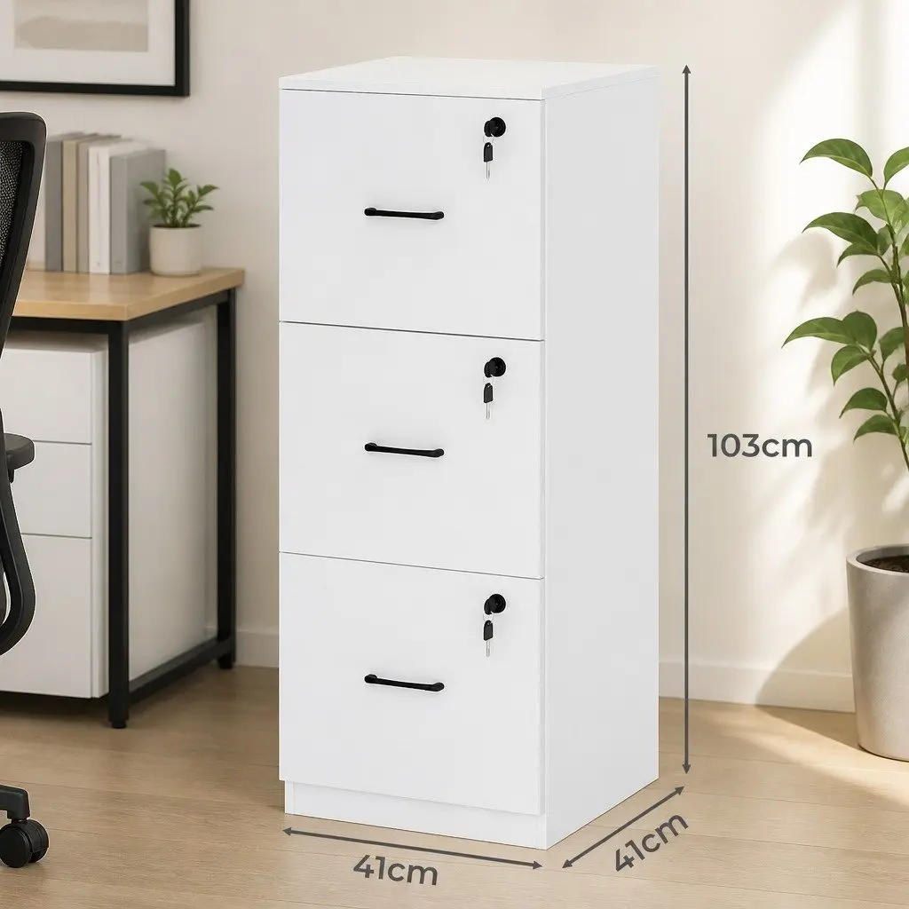 File Cabinet Modern White 3 Drawer Lockable MDF Metal Office Home Organizer