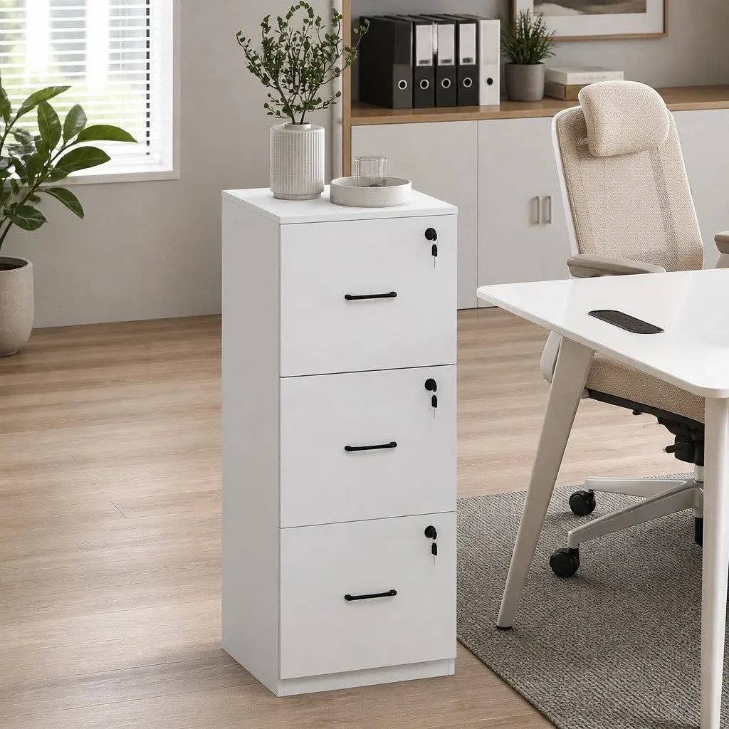 File Cabinet Modern White 3 Drawer Lockable MDF Metal Office Home Organizer
