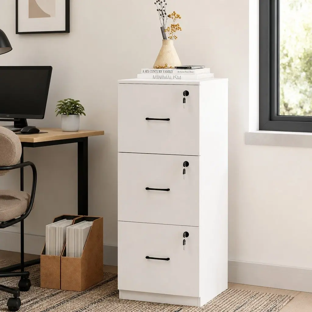 File Cabinet Modern White 3 Drawer Lockable MDF Metal Office Home Organizer