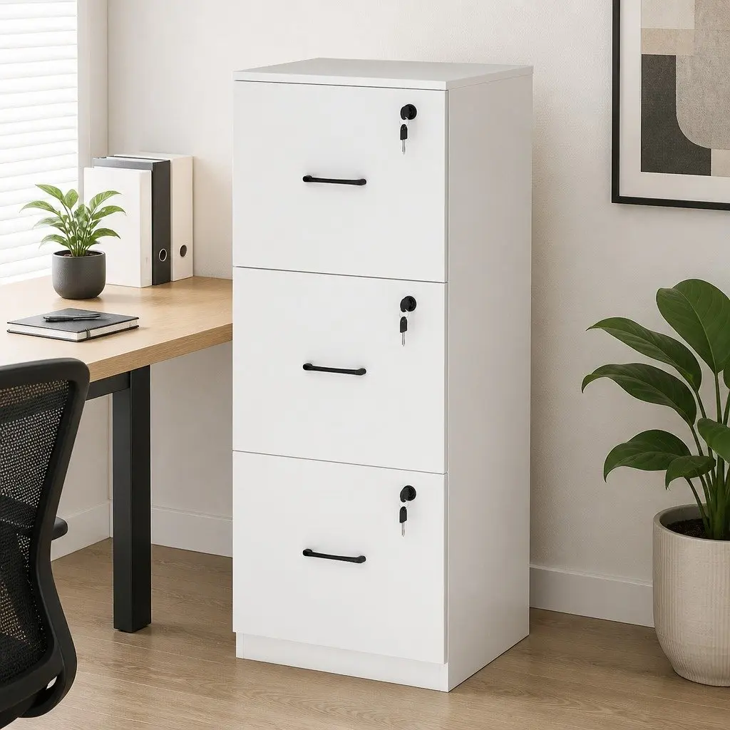 File Cabinet Modern White 3 Drawer Lockable MDF Metal Office Home Organizer