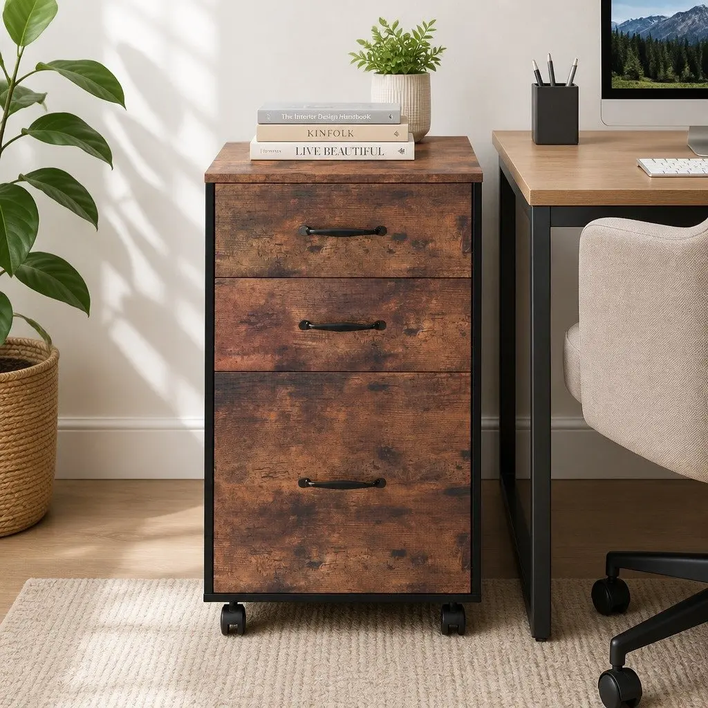 Mobile Filing Cabinet Walnut 3-Drawer Office Storage Organiser Rolling Wheels