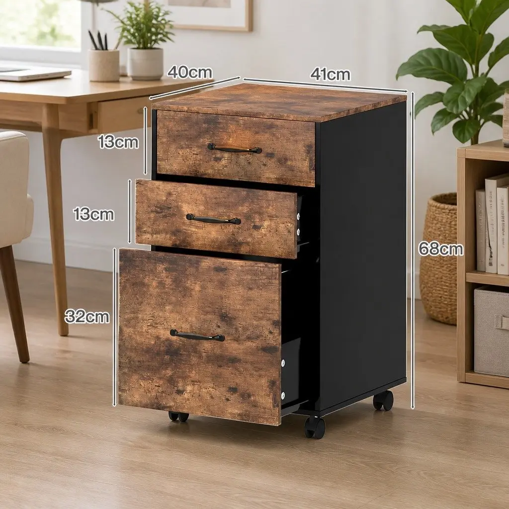 Mobile Filing Cabinet Walnut 3-Drawer Office Storage Organiser Rolling Wheels